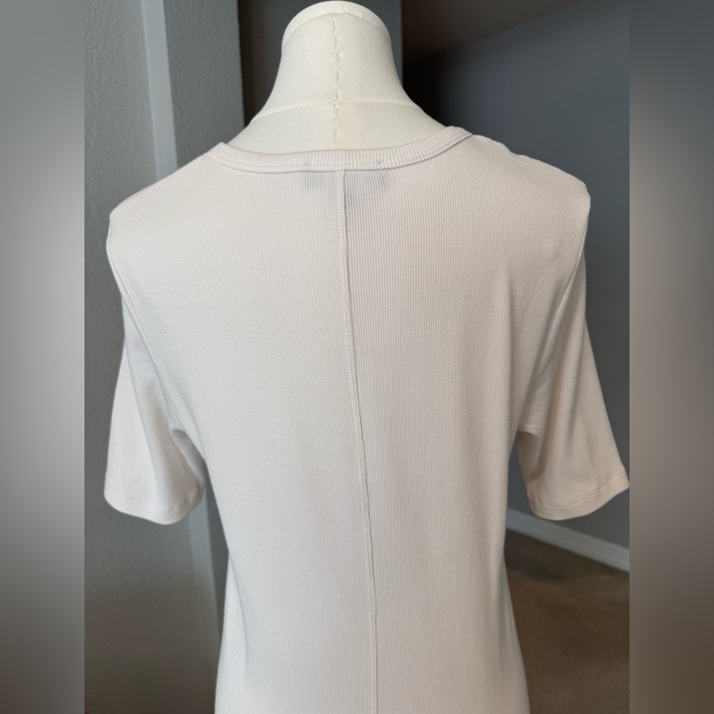 AYR The Moderne Dress Seashell Cream Color Ribbed T-Shirt Dress w/ Side Slit - Picture 12 of 15